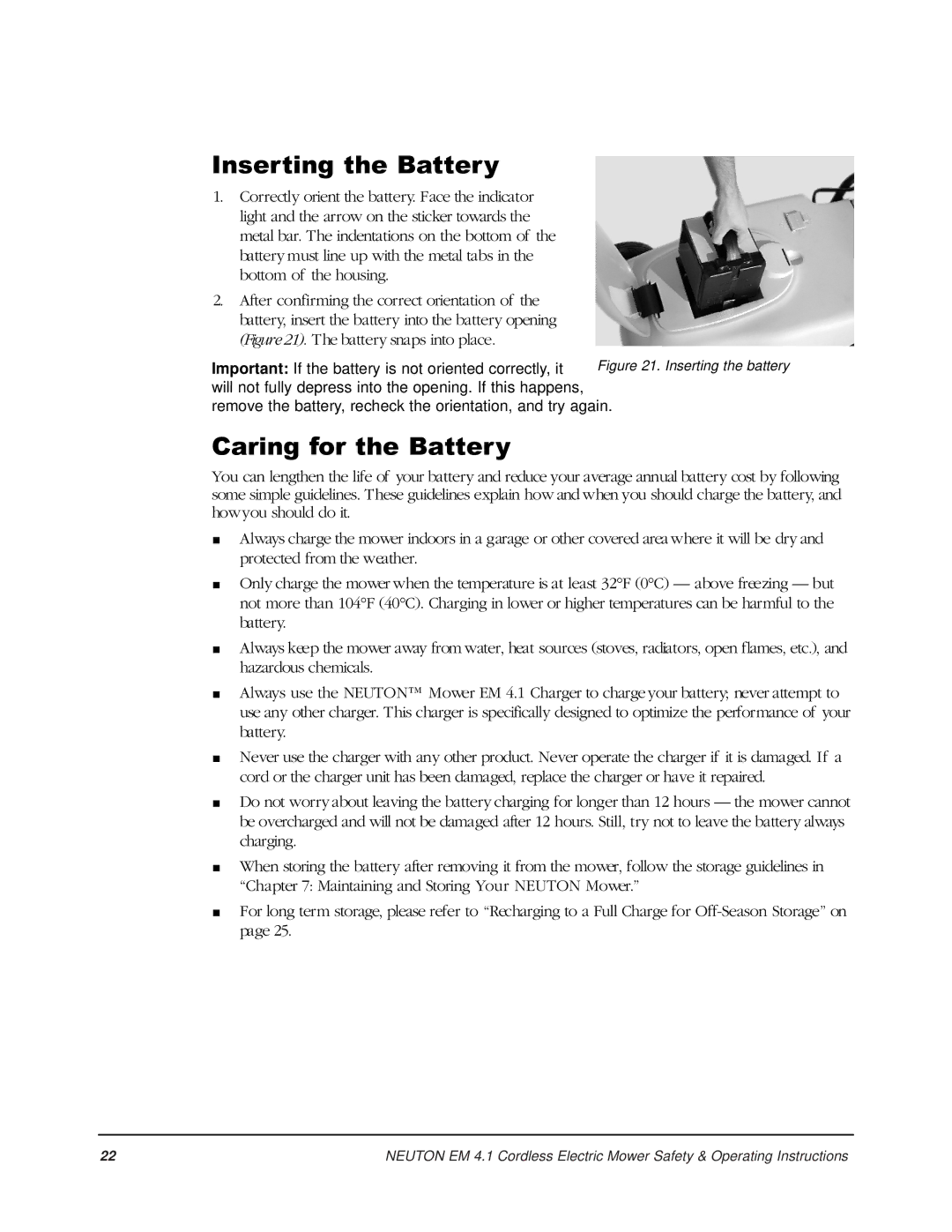 Country Home Products EM 4.1 operating instructions Inserting the Battery, Caring for the Battery 