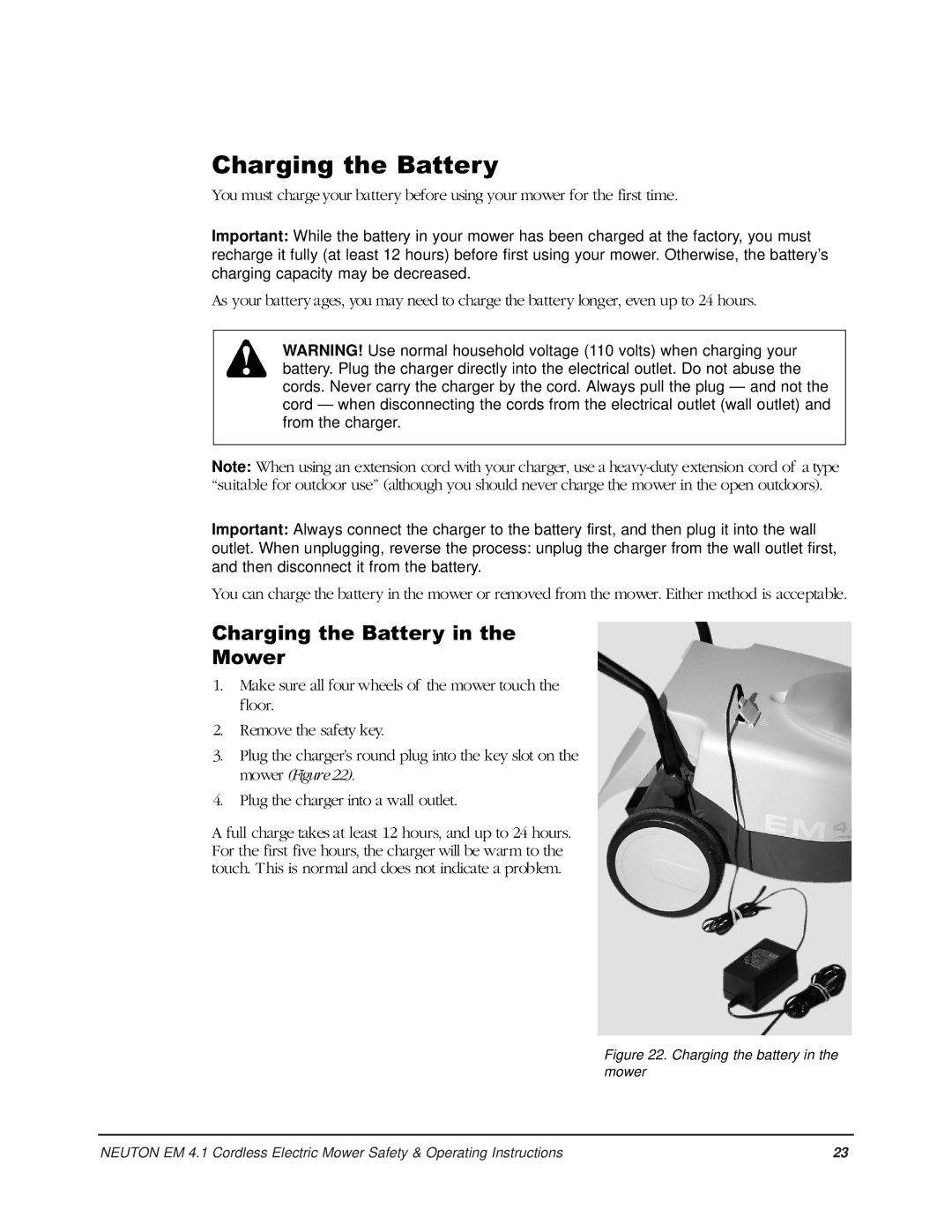 Country Home Products EM 4.1 operating instructions Charging the Battery Mower 