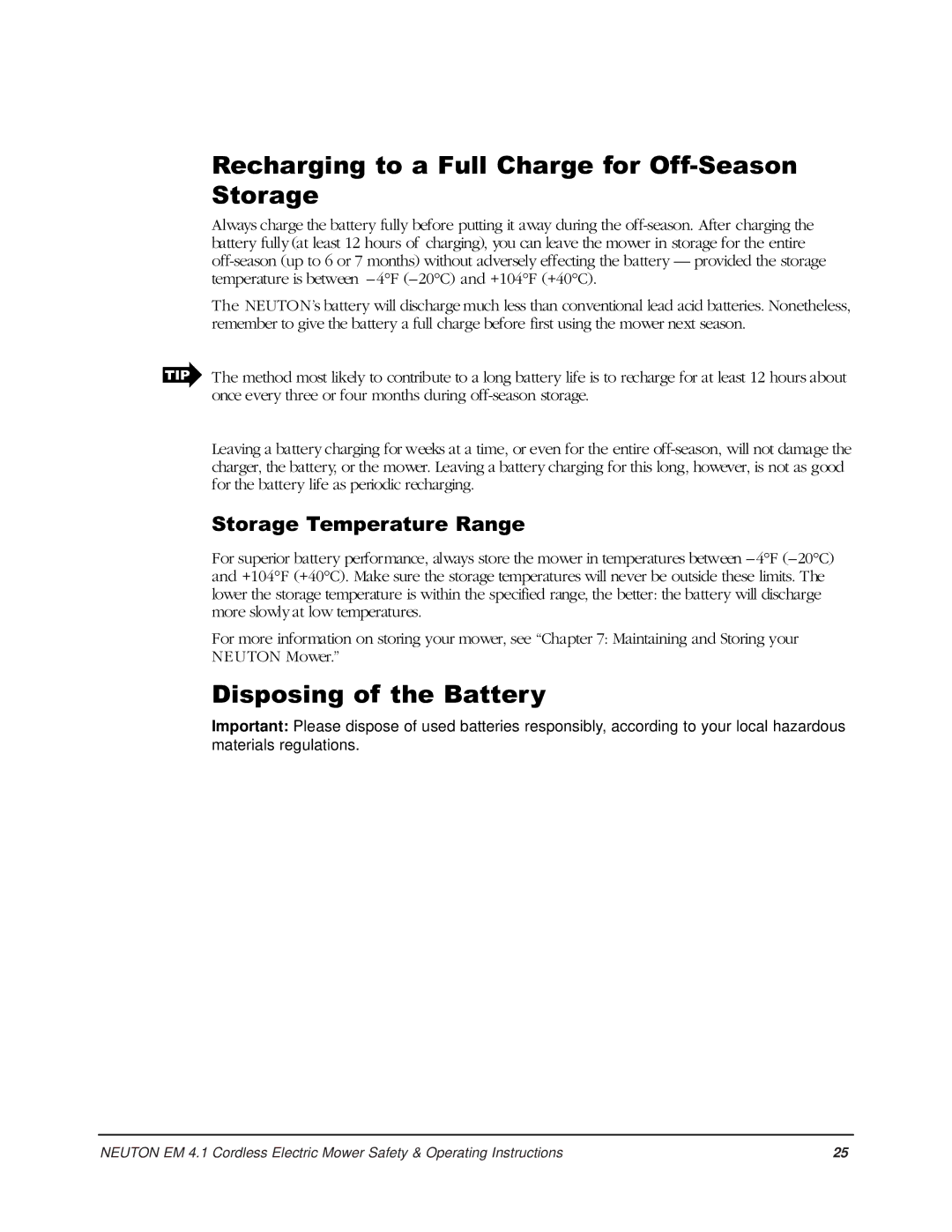 Country Home Products EM 4.1 Recharging to a Full Charge for Off-Season Storage, Disposing of the Battery 