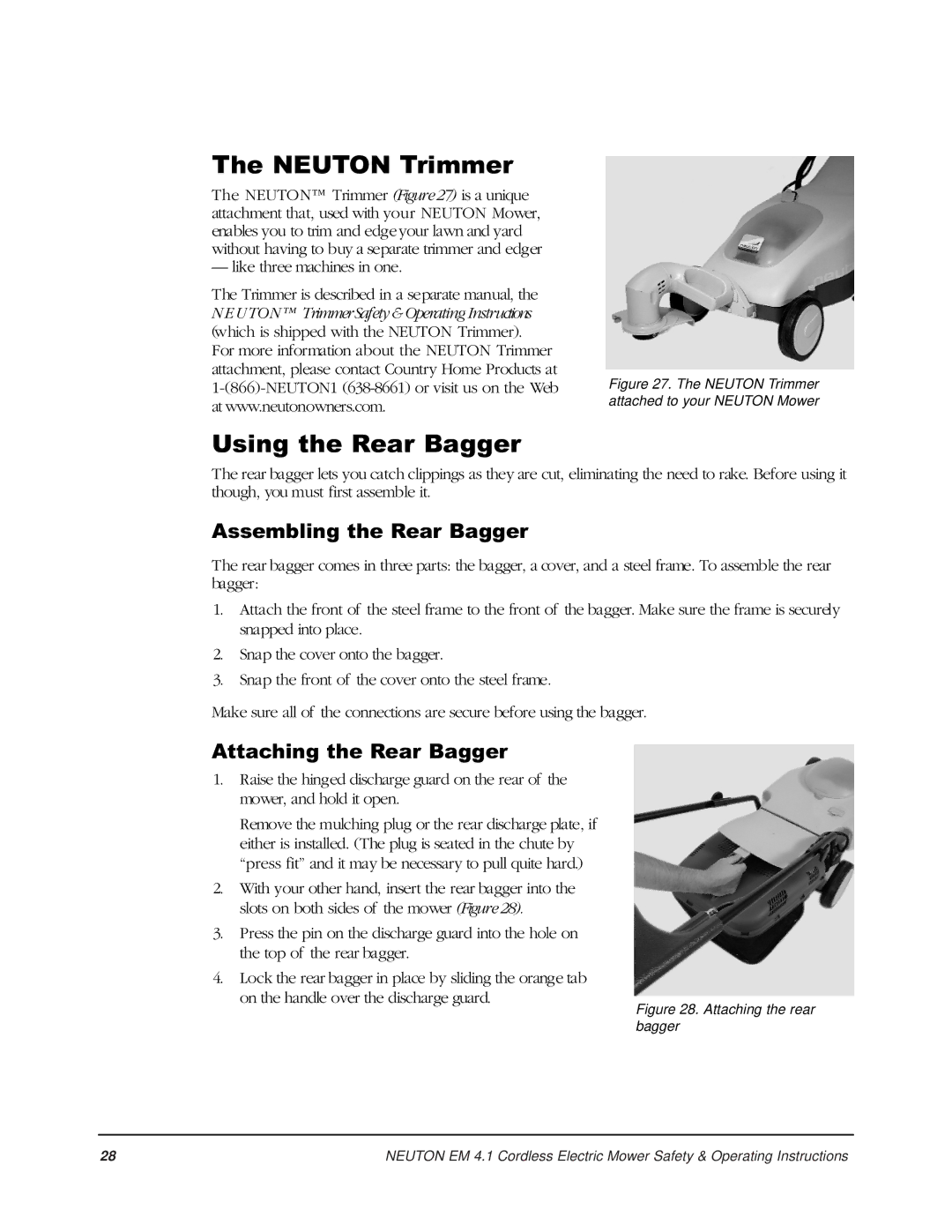 Country Home Products EM 4.1 Neuton Trimmer, Using the Rear Bagger, Assembling the Rear Bagger, Attaching the Rear Bagger 