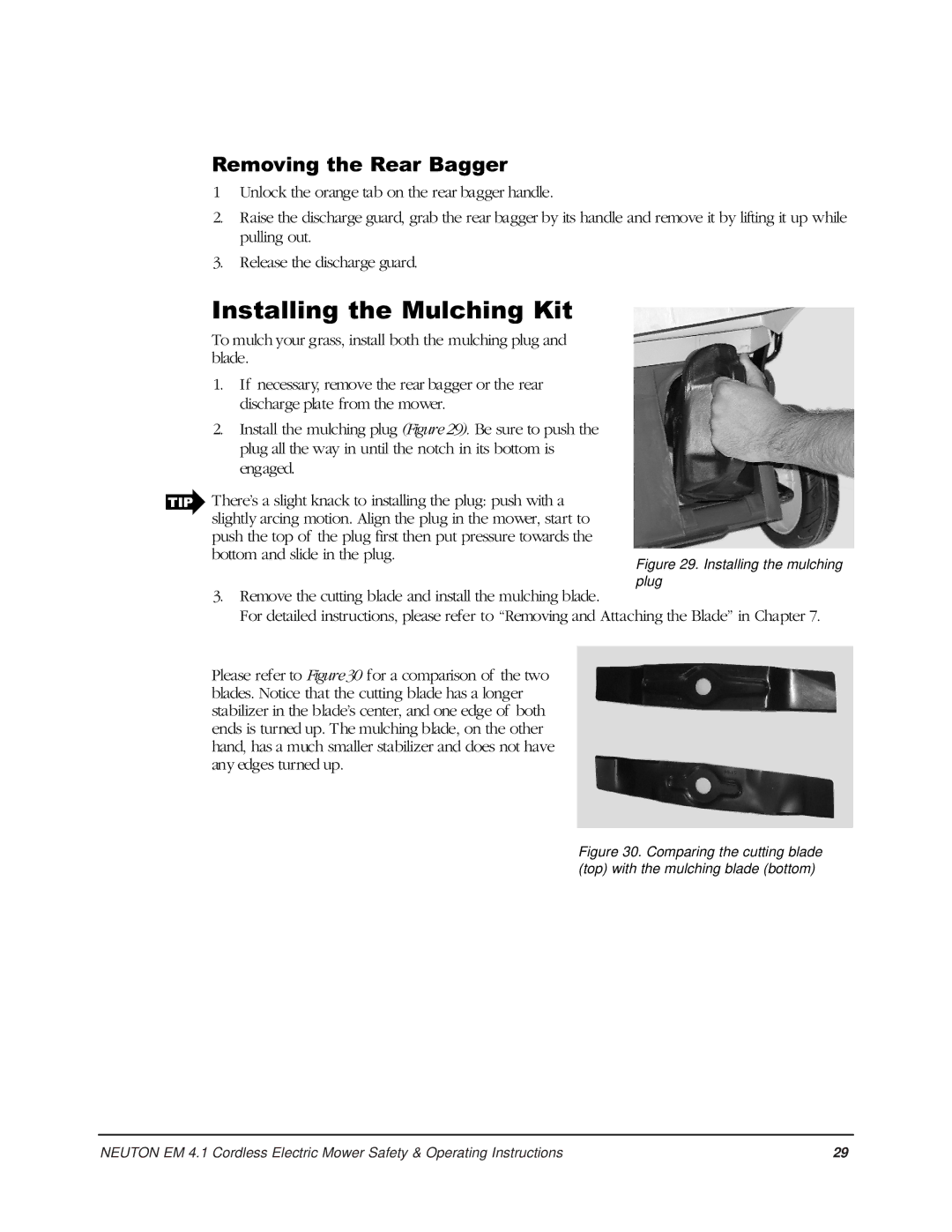 Country Home Products EM 4.1 operating instructions Installing the Mulching Kit, Removing the Rear Bagger 