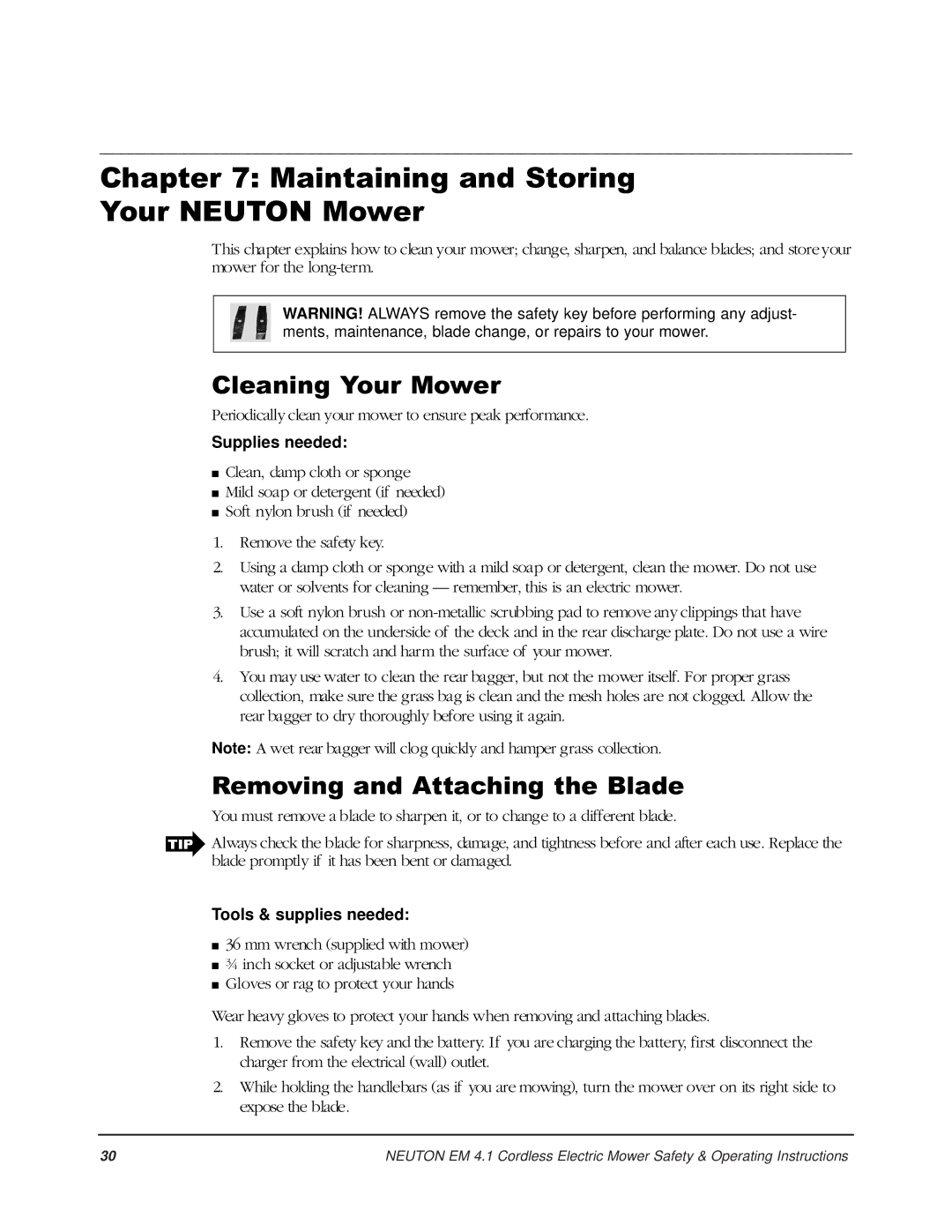 Country Home Products EM 4.1 operating instructions Maintaining and Storing Your Neuton Mower, Cleaning Your Mower 