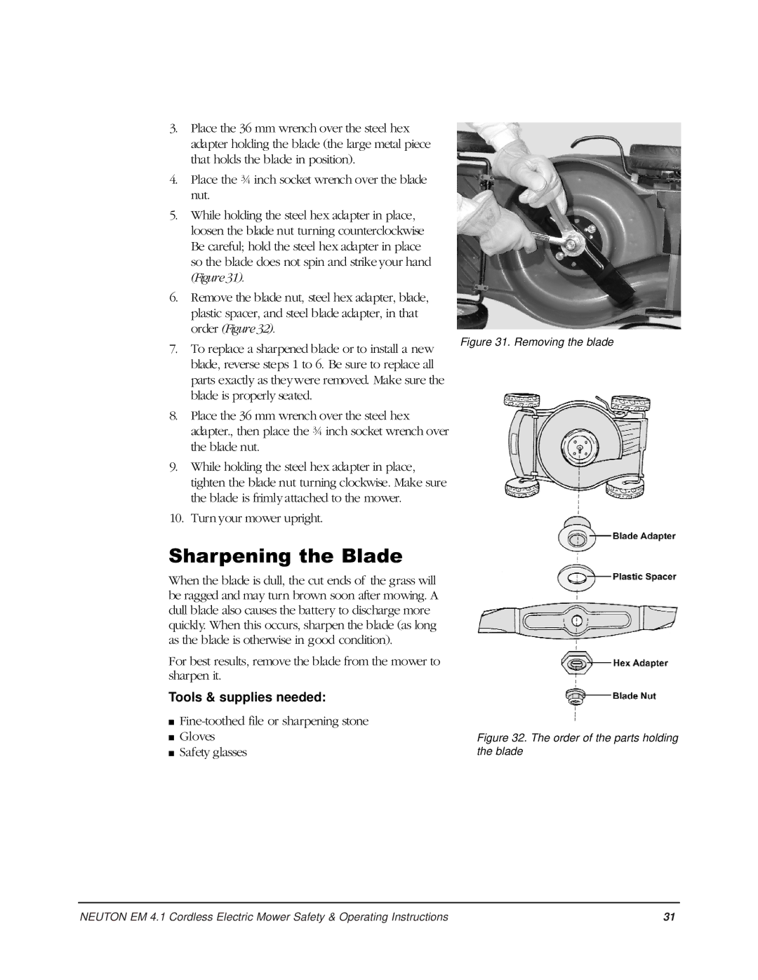 Country Home Products EM 4.1 operating instructions Sharpening the Blade, Removing the blade 