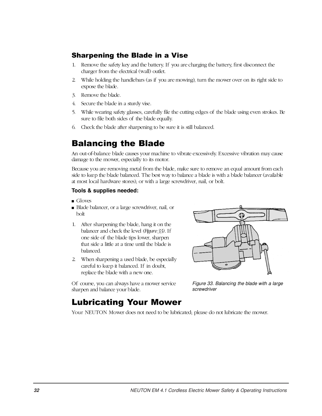 Country Home Products EM 4.1 Balancing the Blade, Lubricating Your Mower, Sharpening the Blade in a Vise 