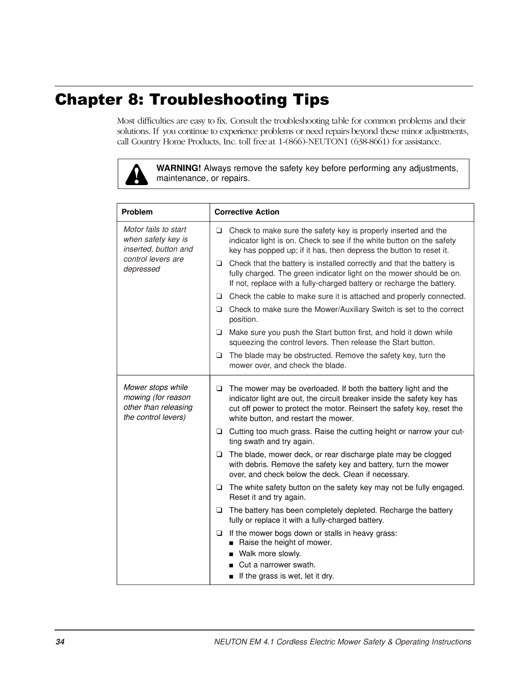 Country Home Products EM 4.1 operating instructions Troubleshooting Tips, Problem Corrective Action 