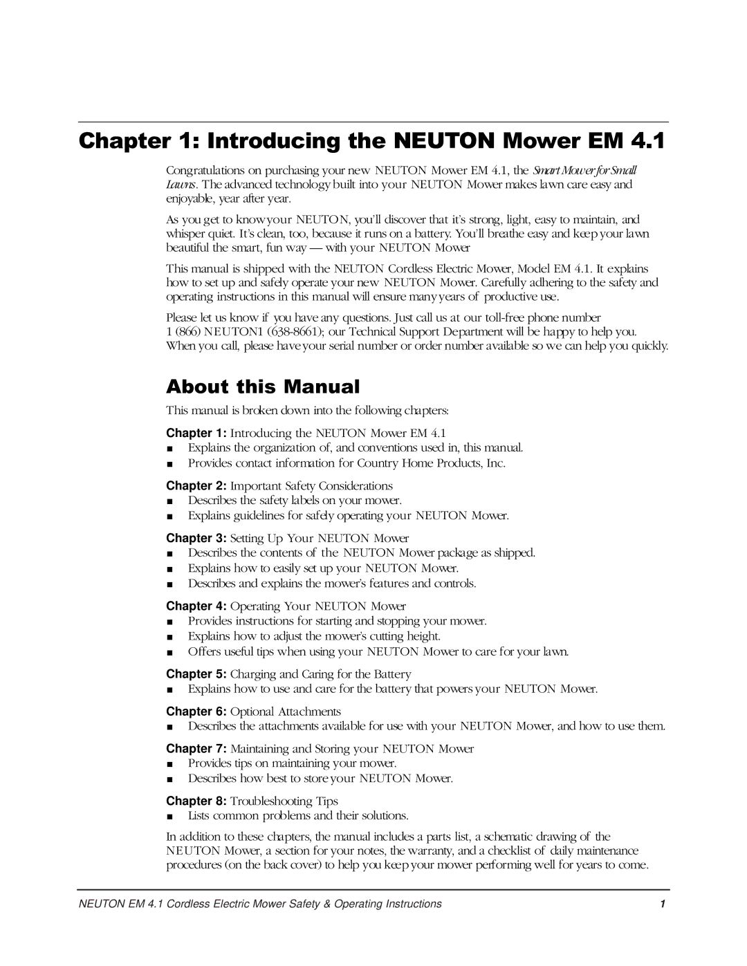 Country Home Products EM 4.1 operating instructions Introducing the Neuton Mower EM, About this Manual 