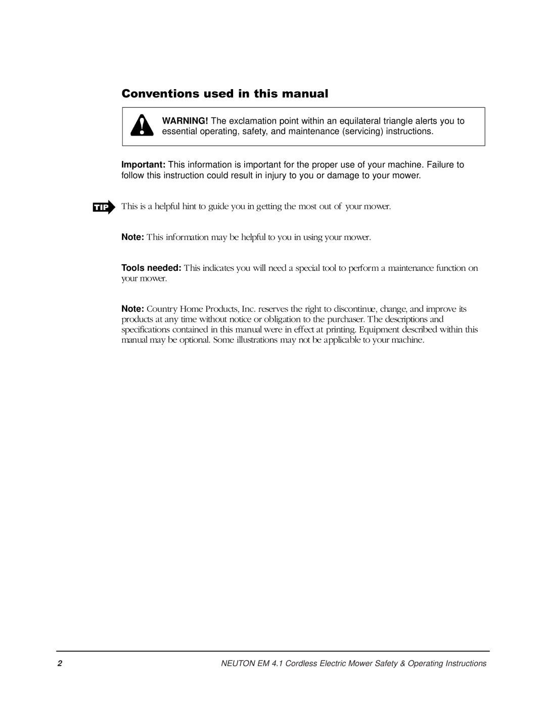 Country Home Products EM 4.1 operating instructions Conventions used in this manual 