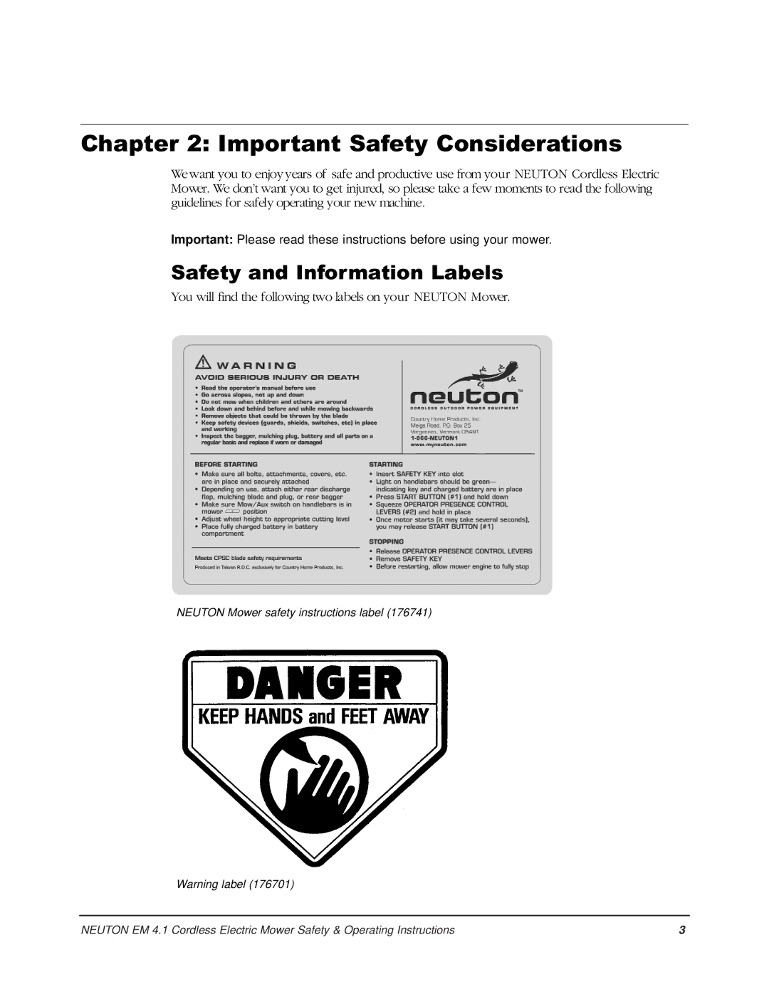 Country Home Products EM 4.1 operating instructions Important Safety Considerations, Safety and Information Labels 