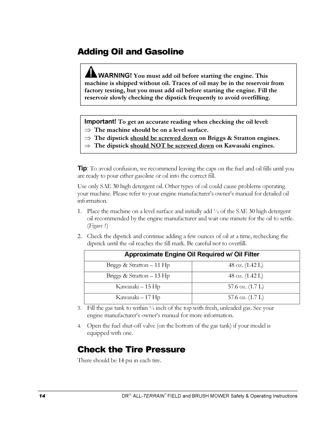 Country Home Products FIELD and BRUSH MOWER operating instructions Adding Oil and Gasoline, Check the Tire Pressure 