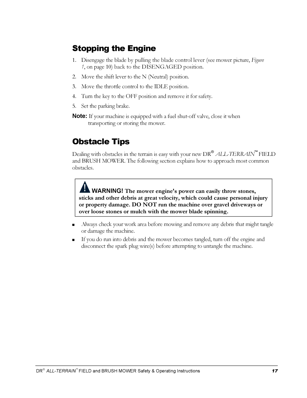 Country Home Products FIELD and BRUSH MOWER operating instructions Stopping the Engine, Obstacle Tips 