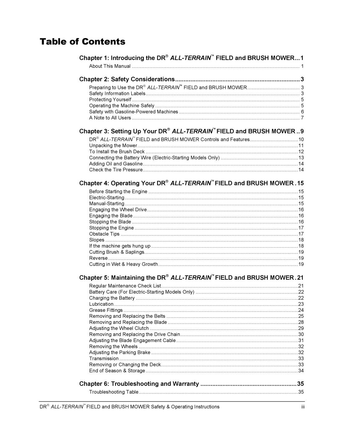 Country Home Products FIELD and BRUSH MOWER operating instructions Table of Contents 