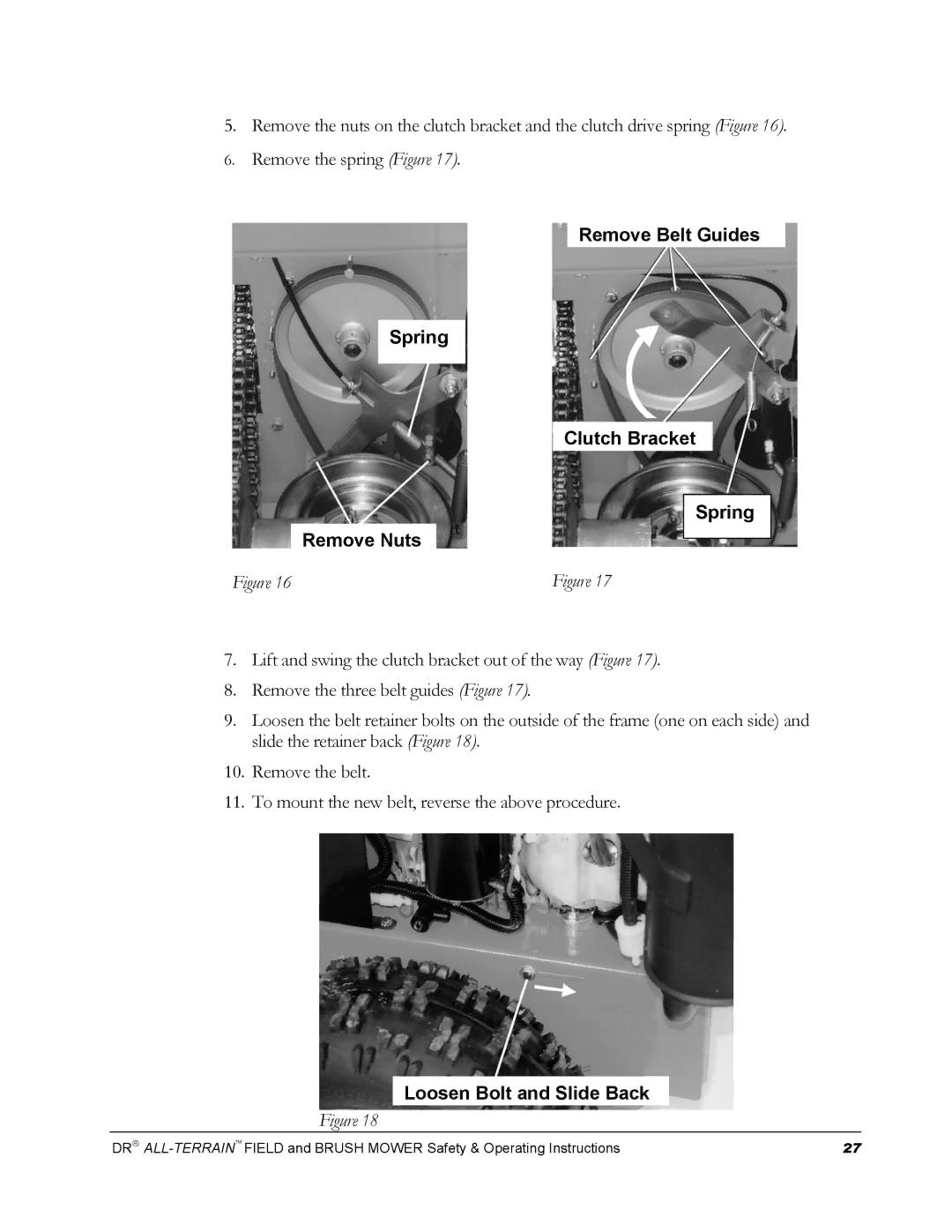 Country Home Products FIELD and BRUSH MOWER operating instructions Remove Belt Guides Spring Clutch Bracket Remove Nuts 