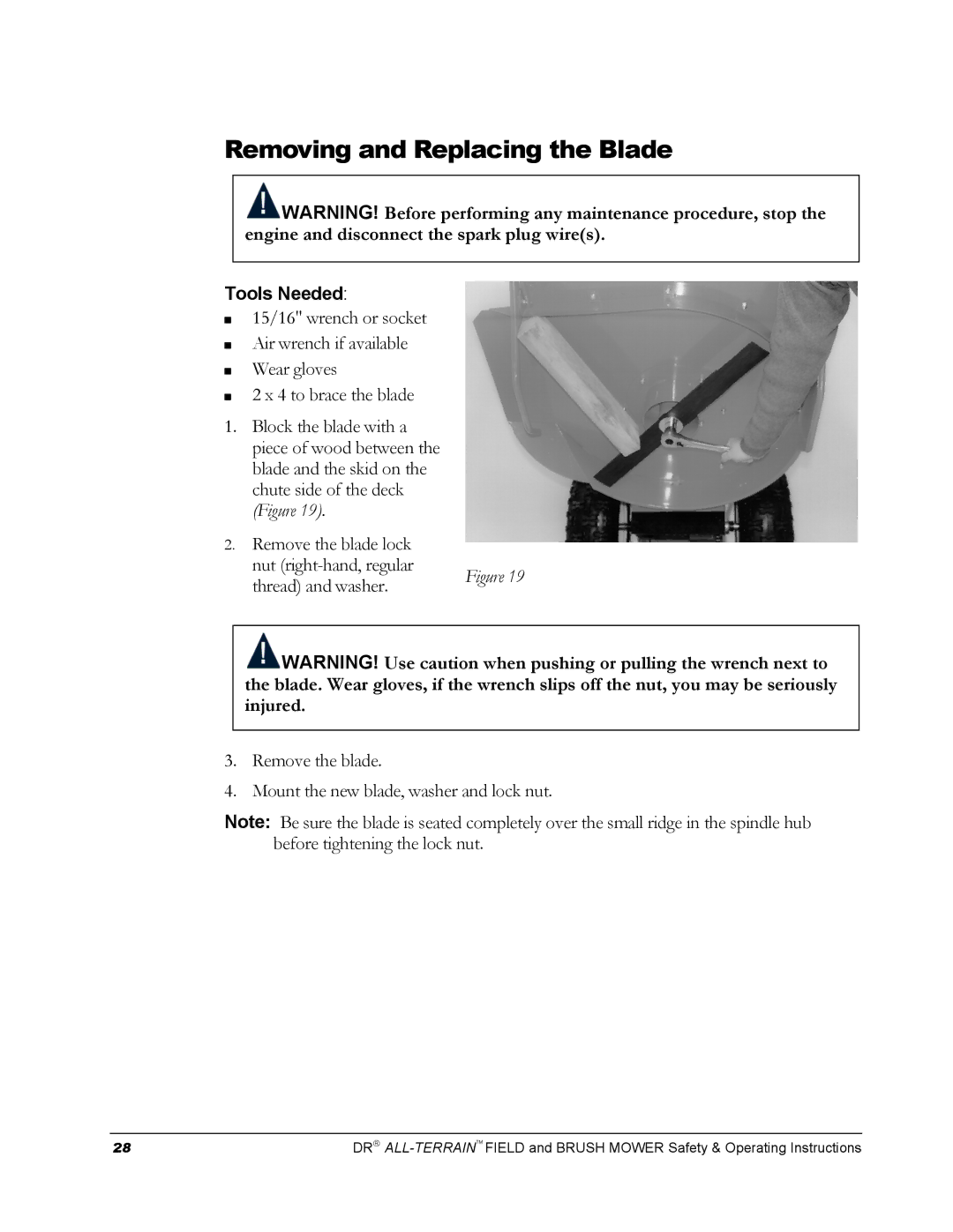 Country Home Products FIELD and BRUSH MOWER operating instructions Removing and Replacing the Blade, Thread and washer 