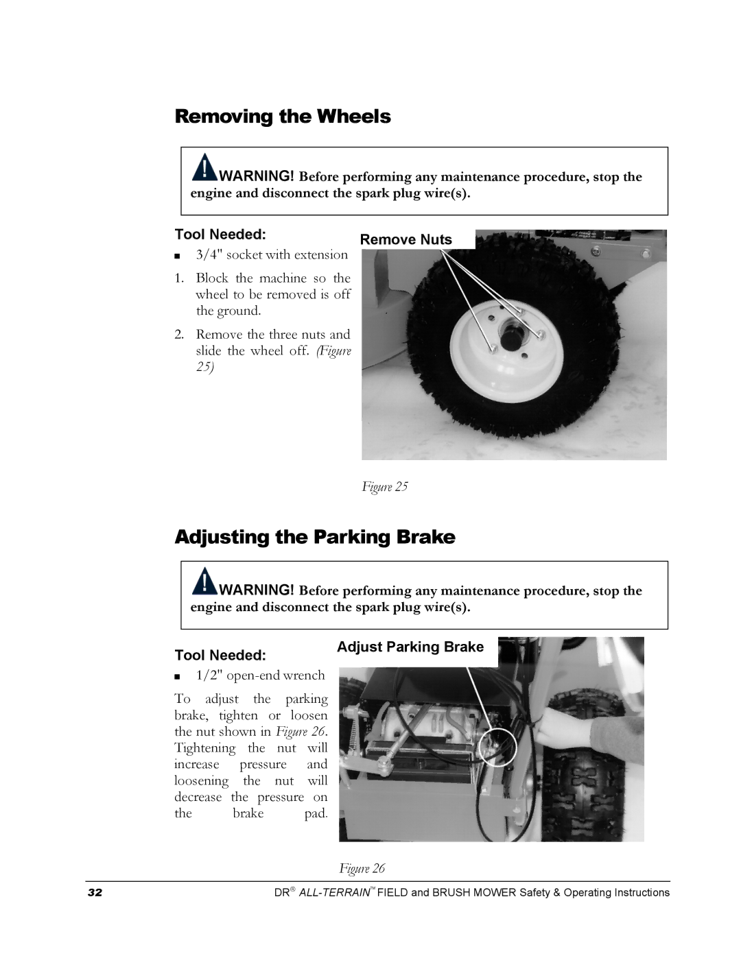 Country Home Products FIELD and BRUSH MOWER operating instructions Removing the Wheels, Adjusting the Parking Brake 