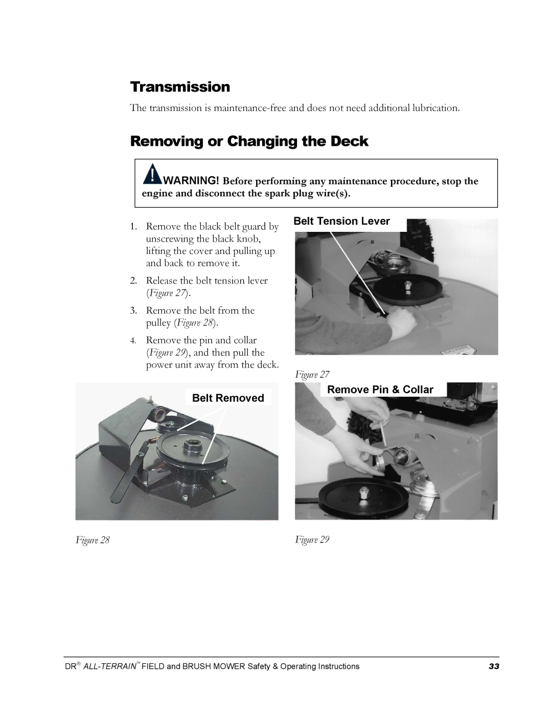 Country Home Products FIELD and BRUSH MOWER operating instructions Transmission, Removing or Changing the Deck 