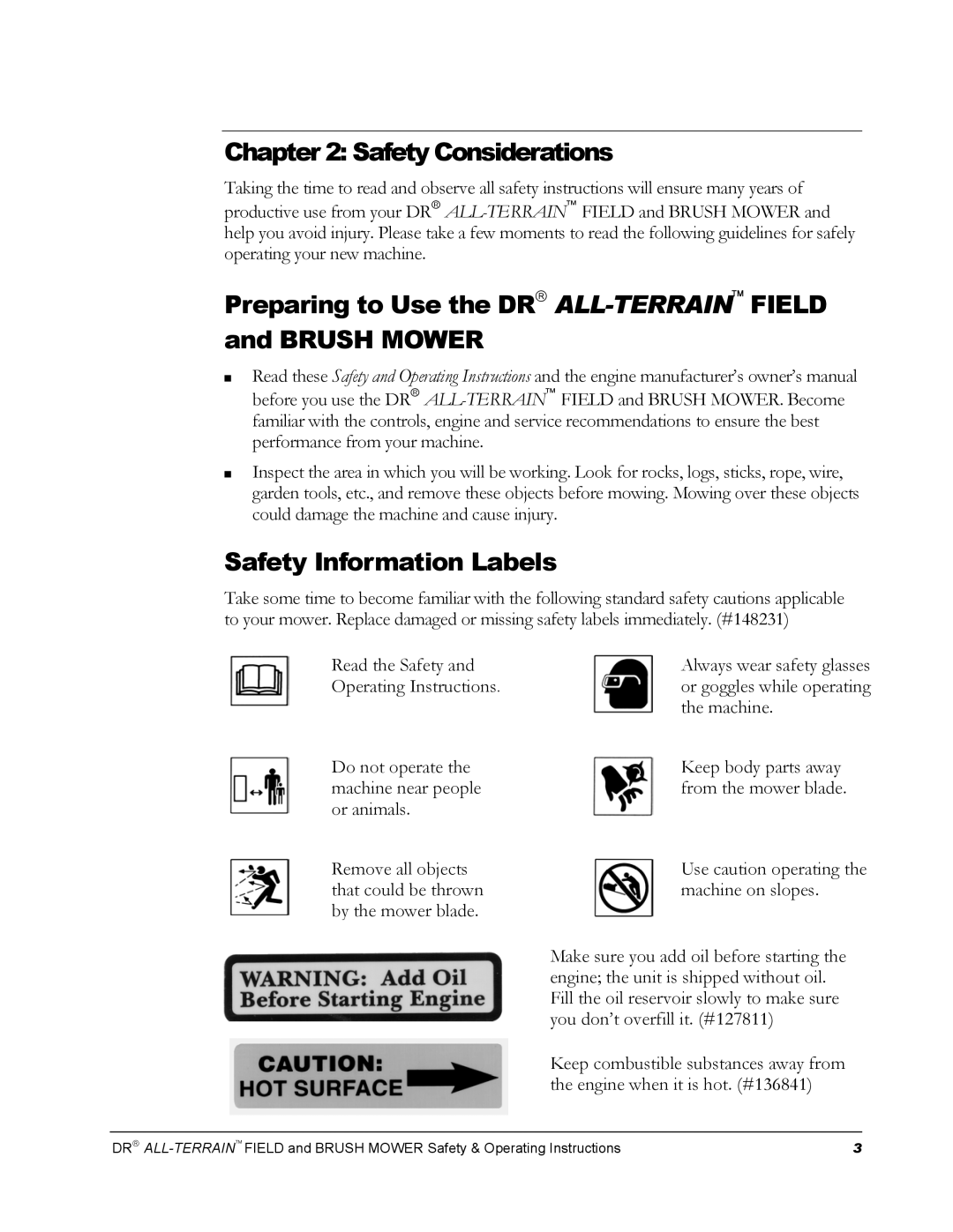 Country Home Products FIELD and BRUSH MOWER operating instructions Safety Considerations, Safety Information Labels 