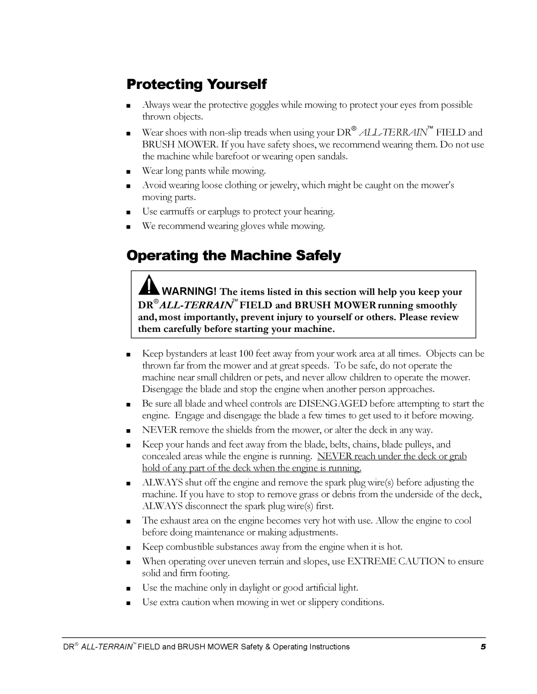 Country Home Products FIELD and BRUSH MOWER operating instructions Protecting Yourself, Operating the Machine Safely 