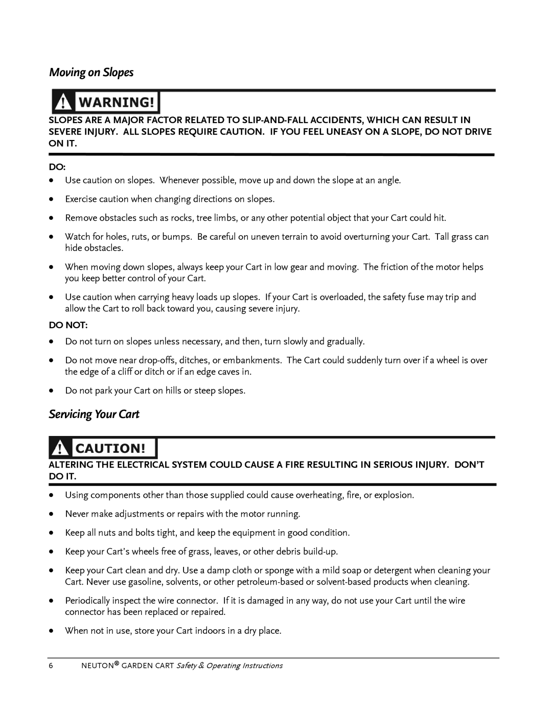 Country Home Products Garden Cart operating instructions Moving on Slopes, Servicing Your Cart 