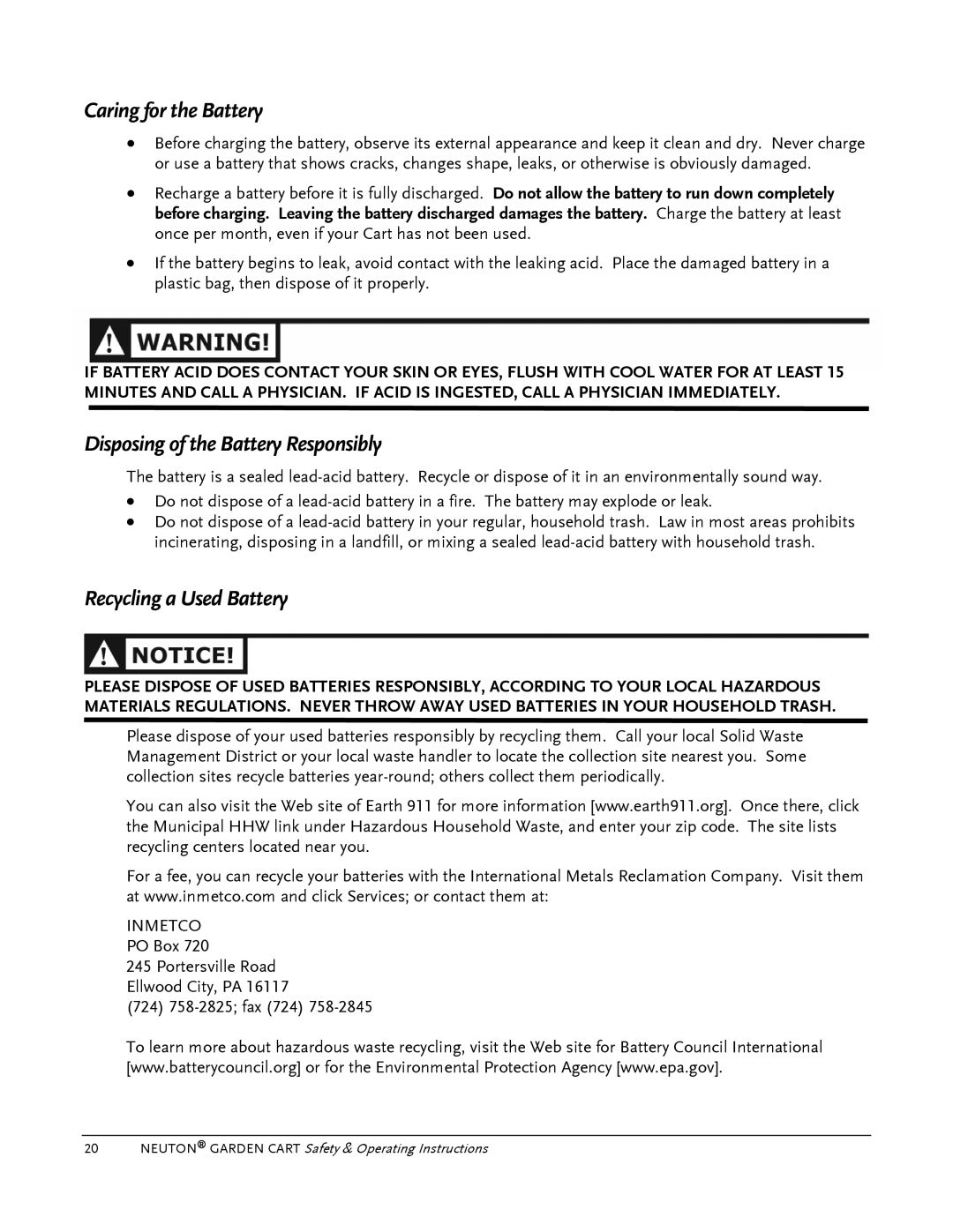 Country Home Products Garden Cart Caring for the Battery, Disposing of the Battery Responsibly, Recycling a Used Battery 
