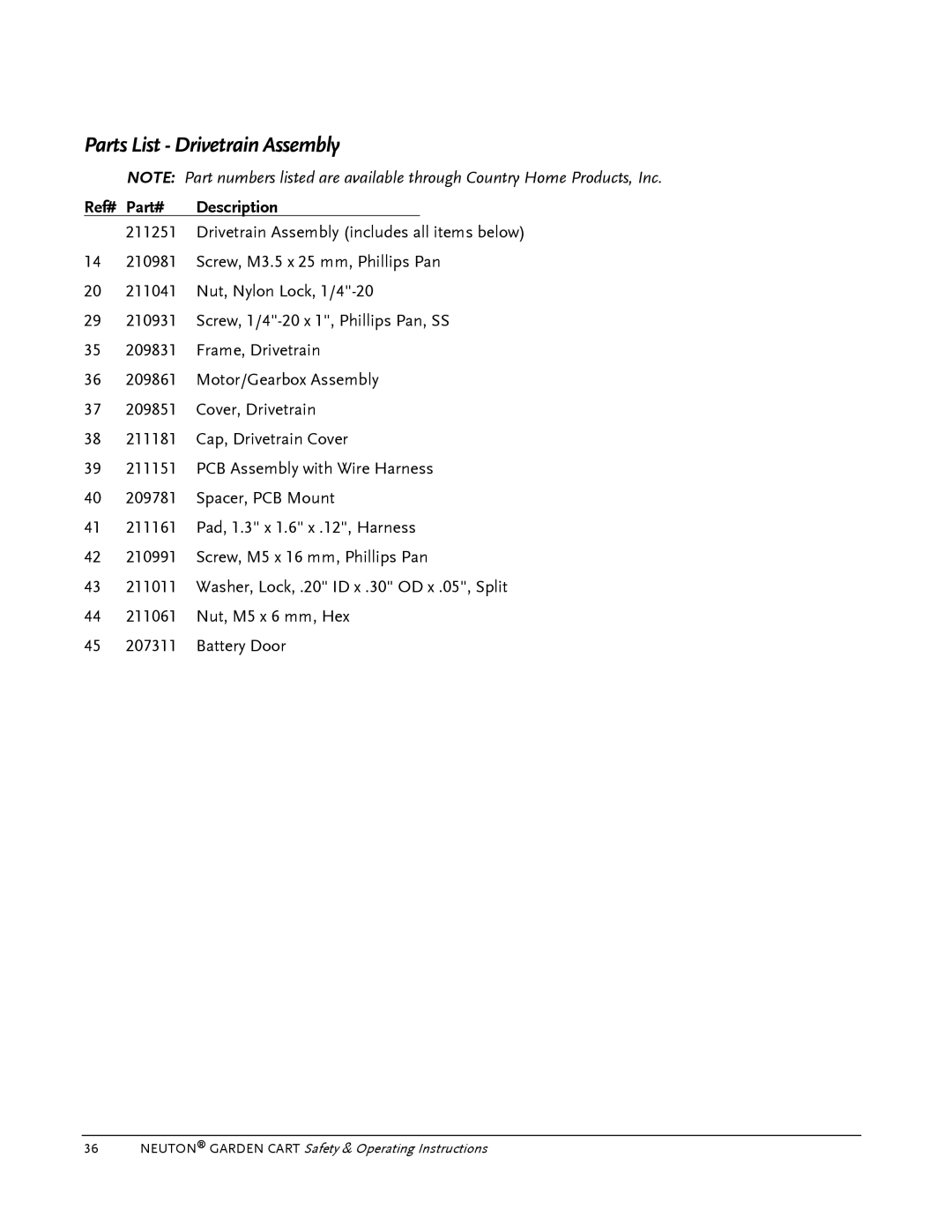 Country Home Products Garden Cart operating instructions Parts List Drivetrain Assembly, Part# Description 