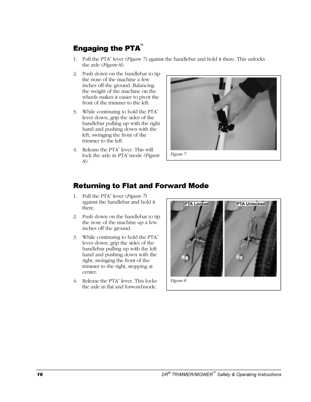 Country Home Products Men's Trimmer operating instructions Engaging the PTA, Returning to Flat and Forward Mode 