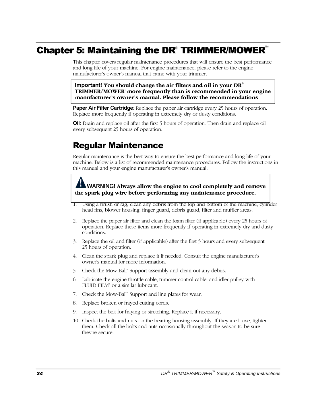 Country Home Products Men's Trimmer operating instructions Maintaining the DR TRIMMER/MOWER, Regular Maintenance 