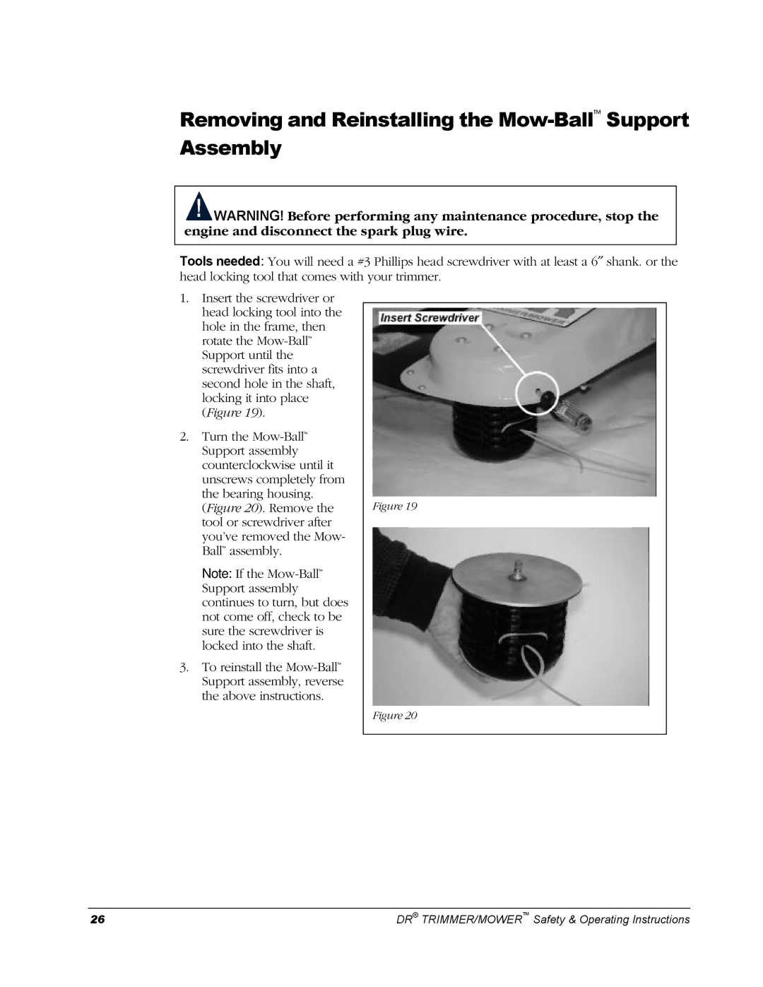 Country Home Products Men's Trimmer operating instructions Removing and Reinstalling the Mow-BallSupport Assembly 