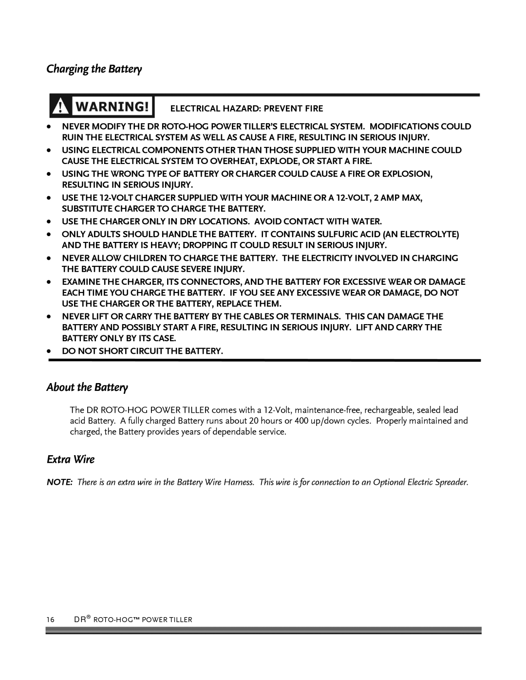 Country Home Products ROTO-HOGTM manual Charging the Battery, About the Battery, Extra Wire 
