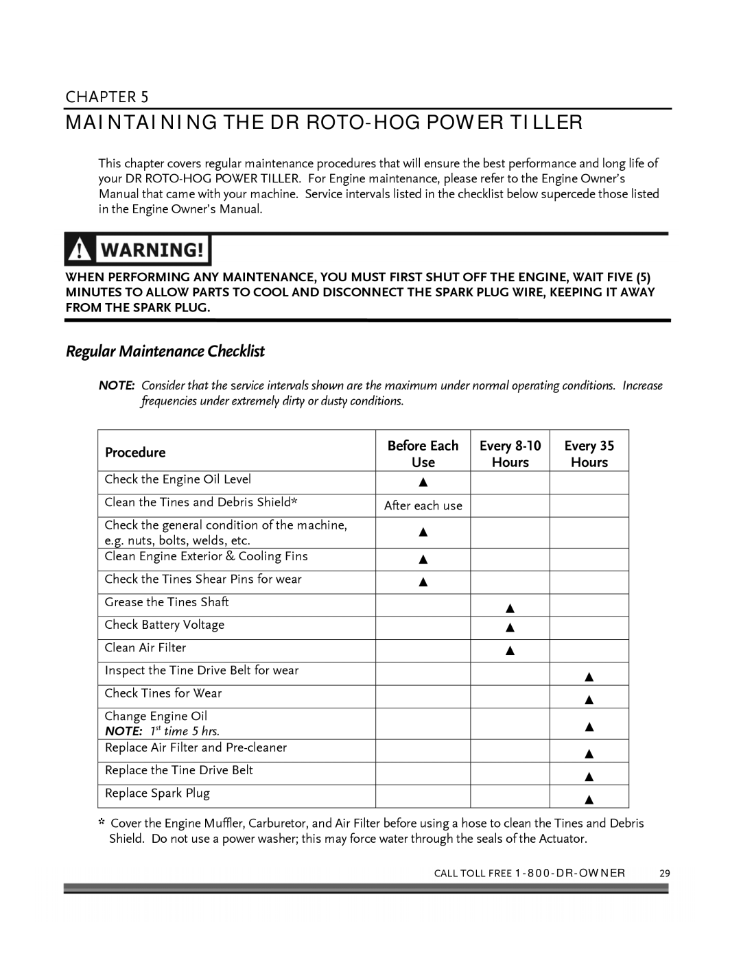 Country Home Products ROTO-HOGTM manual Maintaining the DR ROTO-HOG Power Tiller, Regular Maintenance Checklist 