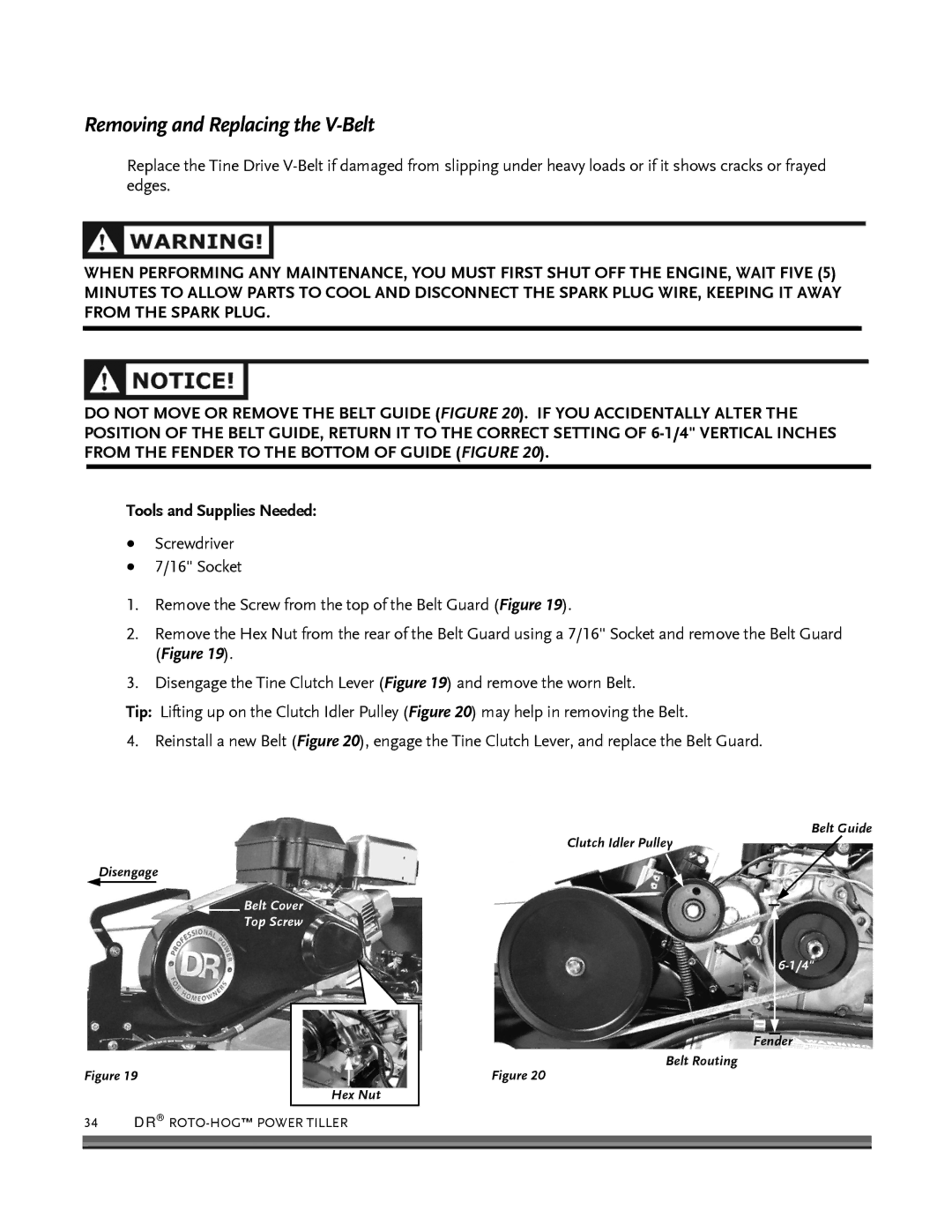 Country Home Products ROTO-HOGTM manual Removing and Replacing the V-Belt, Tools and Supplies Needed 