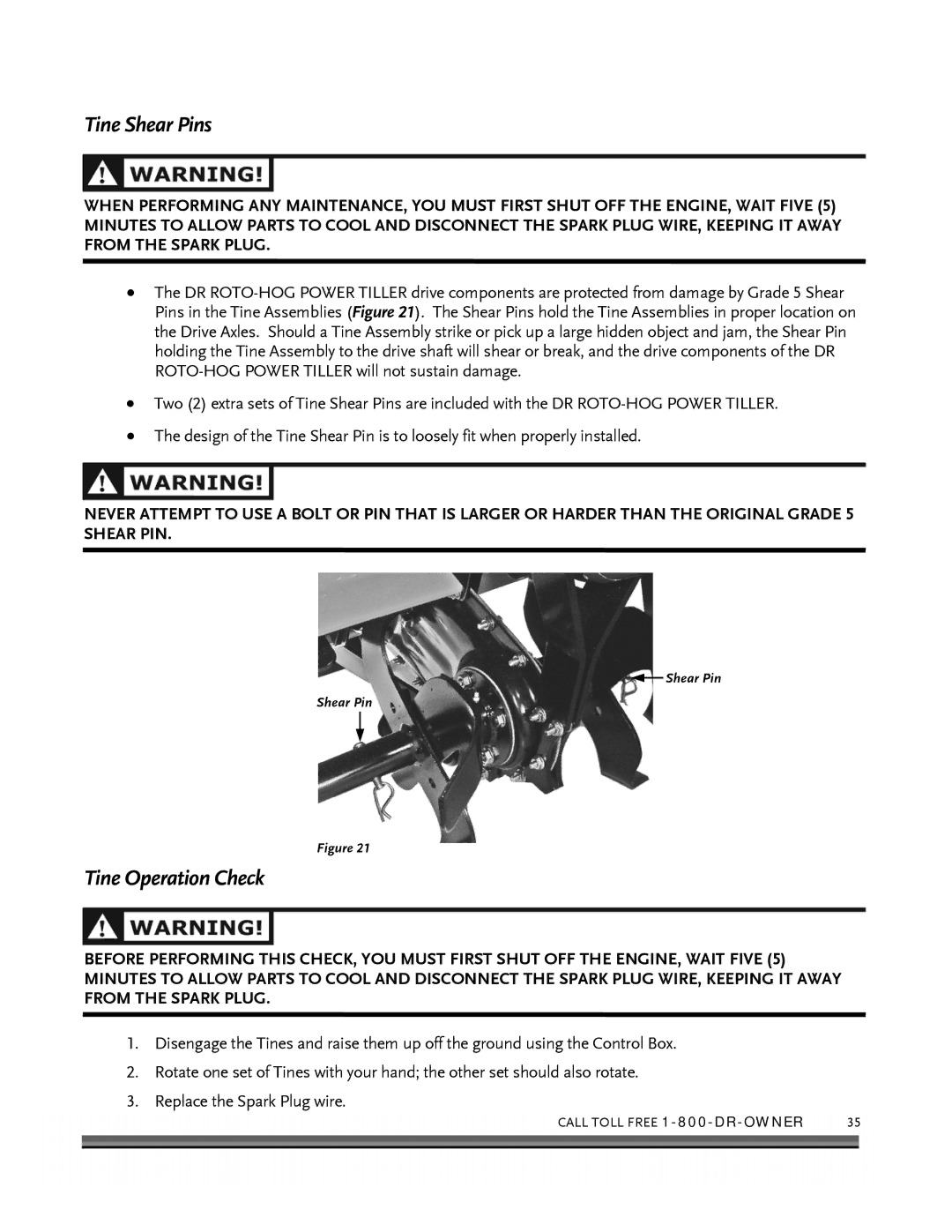Country Home Products ROTO-HOGTM manual Tine Shear Pins, Tine Operation Check 