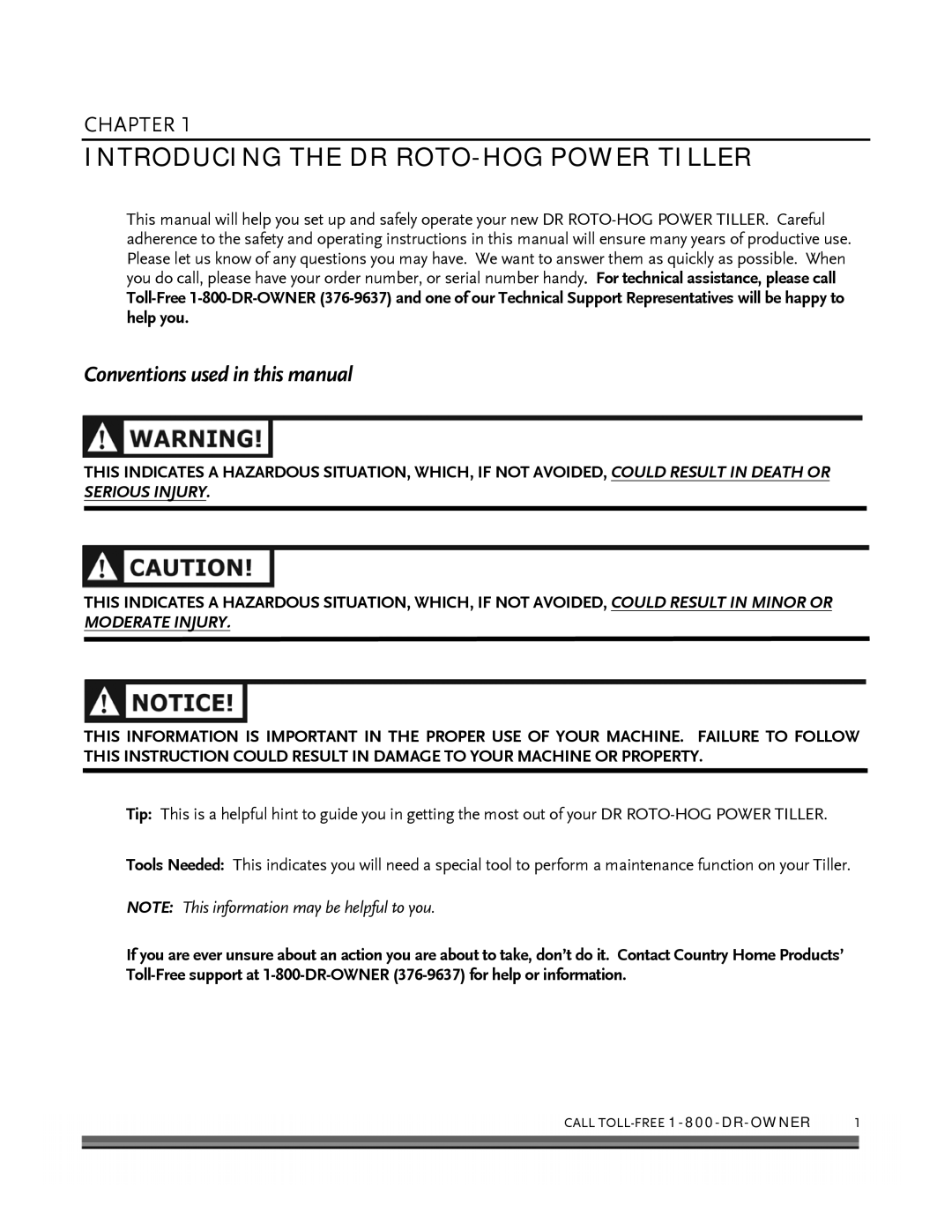 Country Home Products ROTO-HOGTM Introducing the DR ROTO-HOG Power Tiller, Conventions used in this manual 