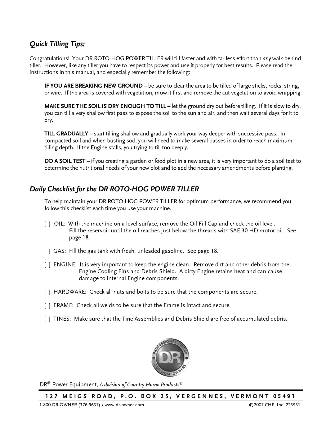 Country Home Products ROTO-HOGTM manual Quick Tilling Tips, Daily Checklist for the DR ROTO-HOG Power Tiller 