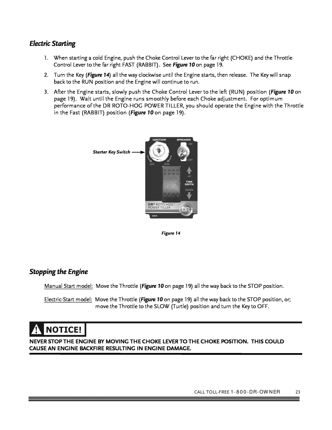 Country Home Products ROTO-HOGTM manual Electric Starting, Stopping the Engine, Starter Key Switch Figure 