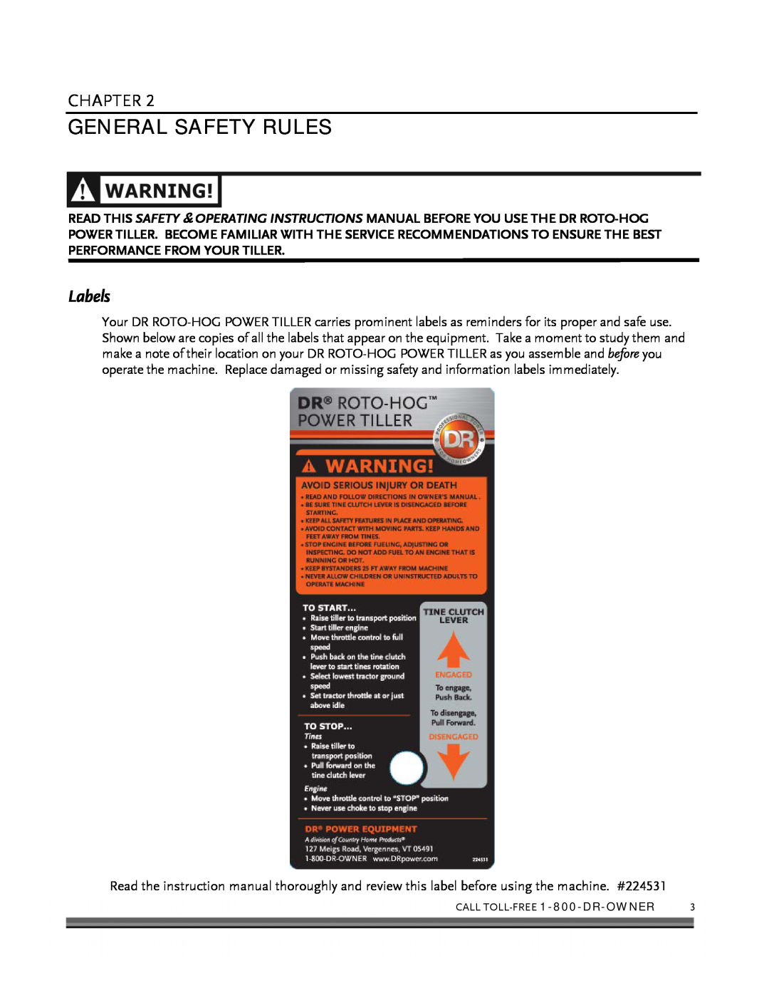 Country Home Products ROTO-HOGTM manual General Safety Rules, Labels, Chapter 