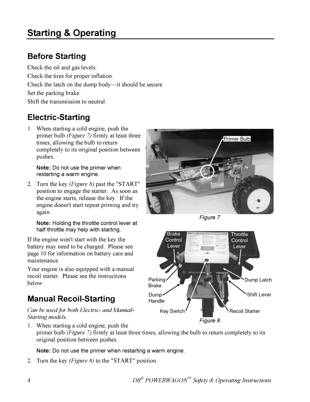 Country Home Products SUBURBANTM Starting & Operating, Before Starting, Electric-Starting, Manual Recoil-Starting 