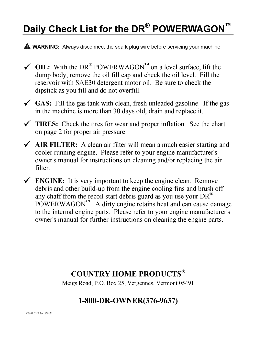 Country Home Products SUBURBANTM owner manual Daily Check List for the DR Powerwagon 