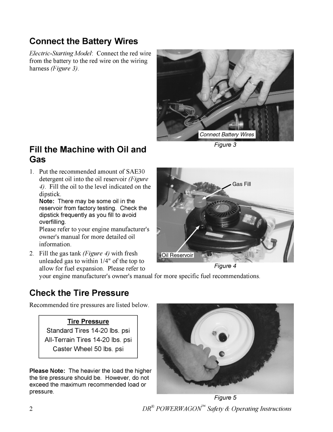 Country Home Products SUBURBANTM Connect the Battery Wires, Fill the Machine with Oil Gas, Check the Tire Pressure 