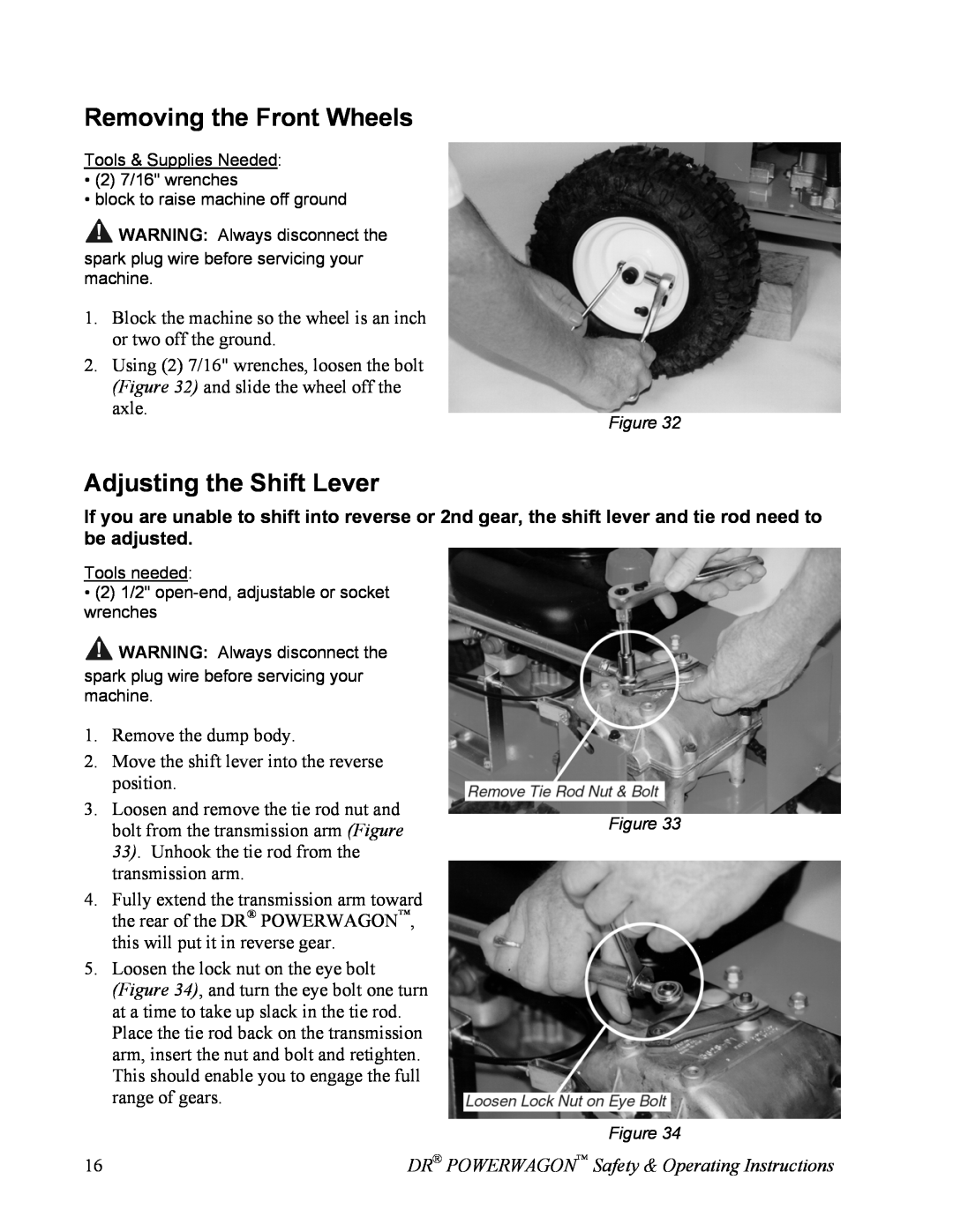 Country Home Products SUBURBANTM owner manual Removing the Front Wheels, Adjusting the Shift Lever 