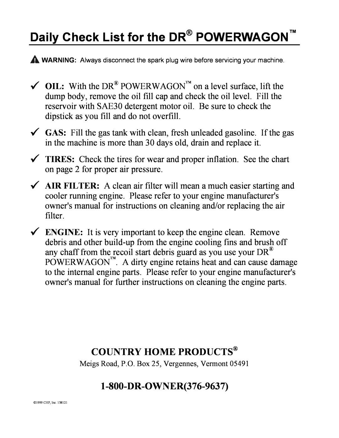 Country Home Products SUBURBANTM Daily Check List for the DR POWERWAGON, Country Home Products, DR-OWNER376-9637 