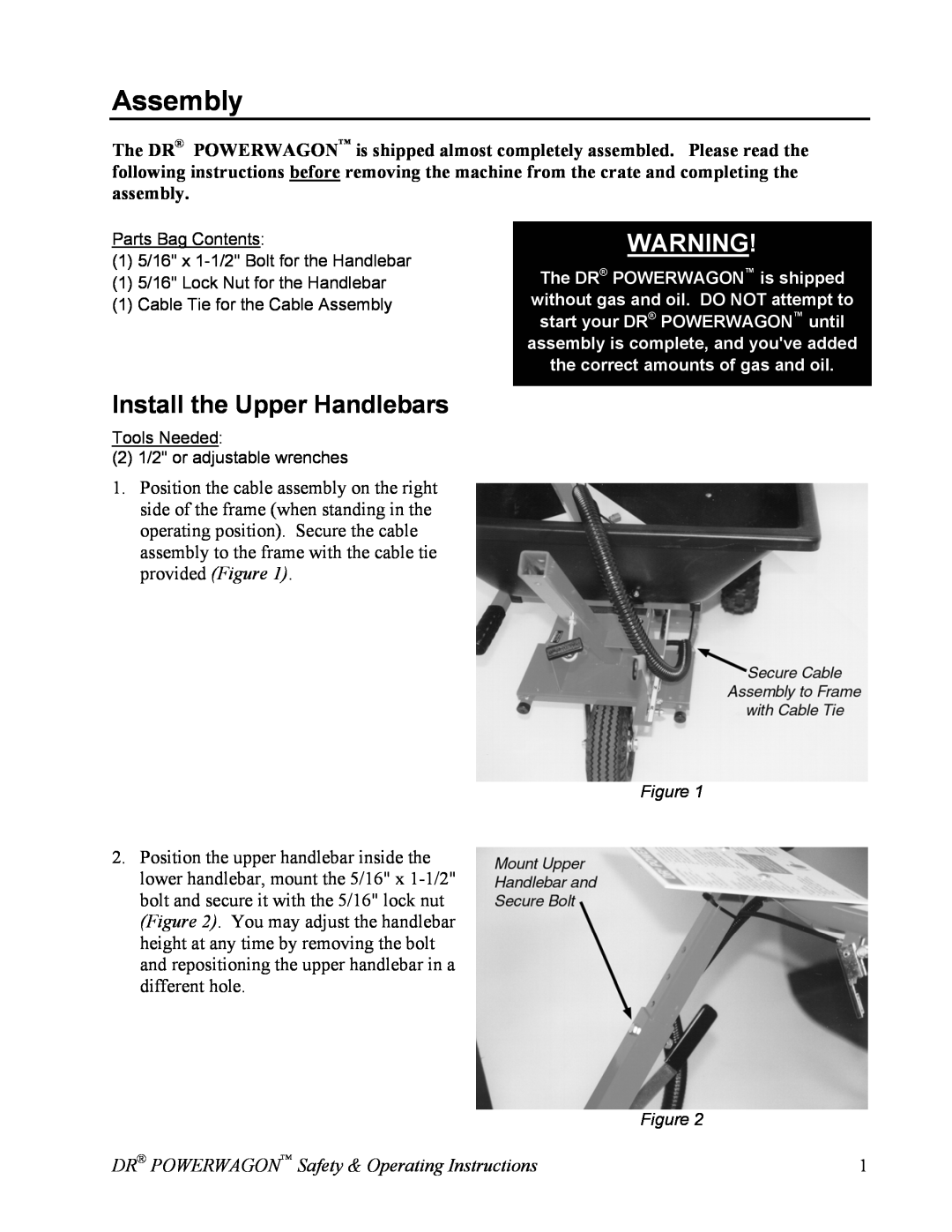Country Home Products SUBURBANTM Assembly, Install the Upper Handlebars, DR POWERWAGON Safety & Operating Instructions 