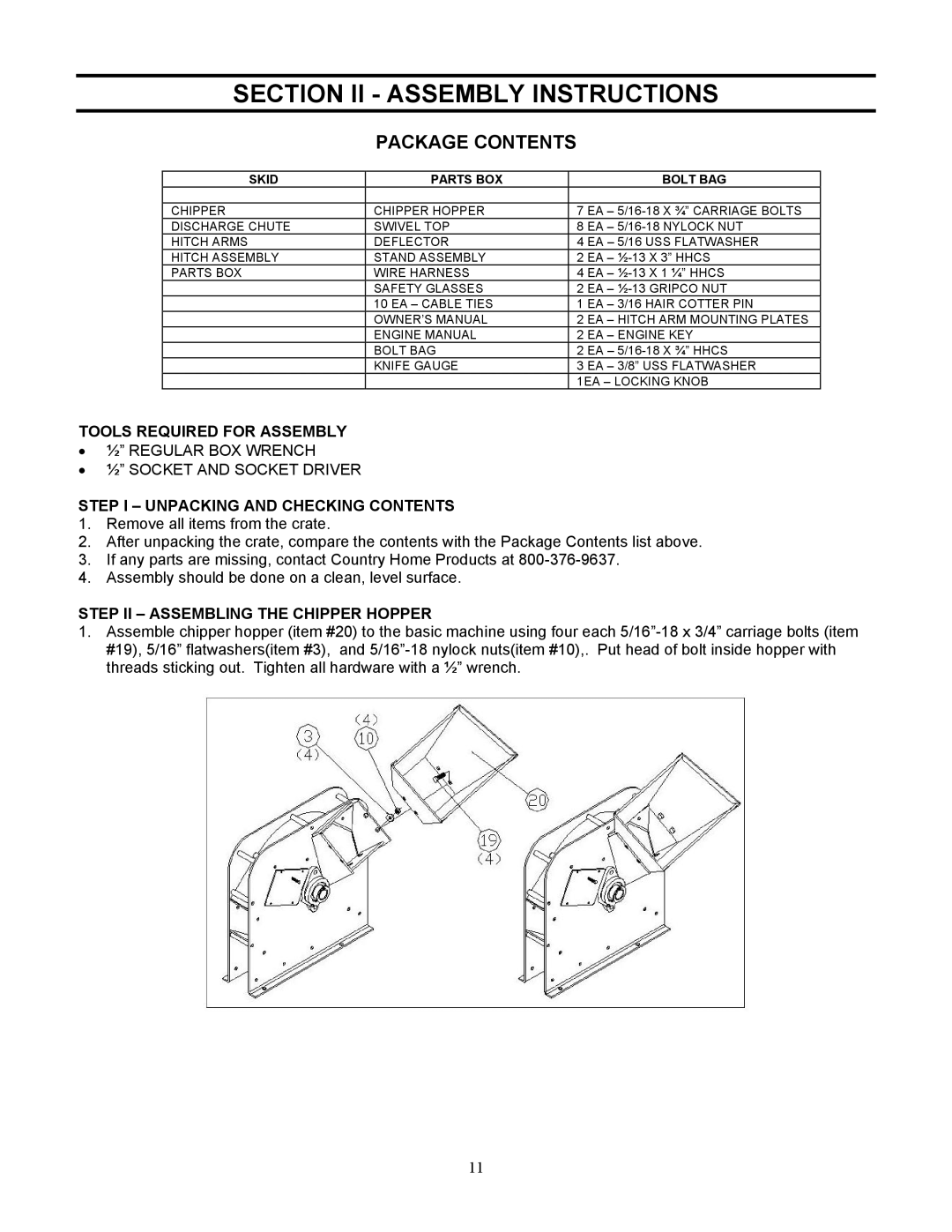 Country Home Products TLC18-CHP instruction manual Section II Assembly Instructions, Package Contents 