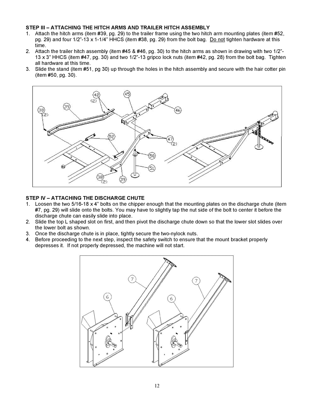 Country Home Products TLC18-CHP instruction manual Step III Attaching the Hitch Arms and Trailer Hitch Assembly 