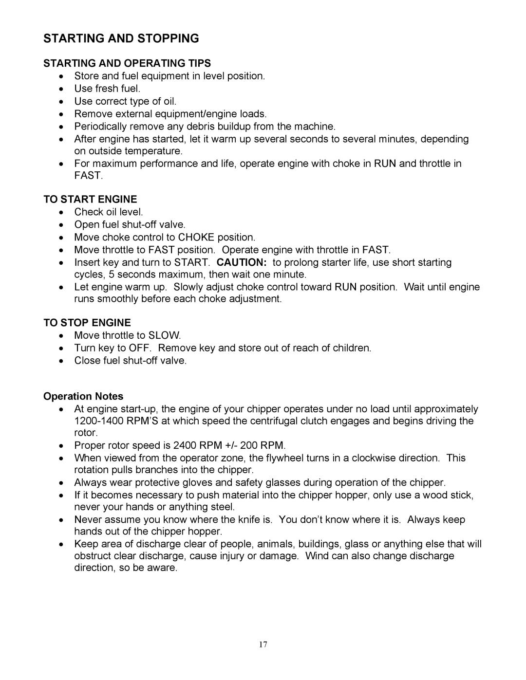 Country Home Products TLC18-CHP Starting and Stopping, Starting and Operating Tips, To Start Engine, To Stop Engine 