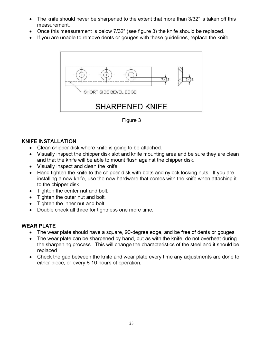 Country Home Products TLC18-CHP instruction manual Knife Installation, Wear Plate 