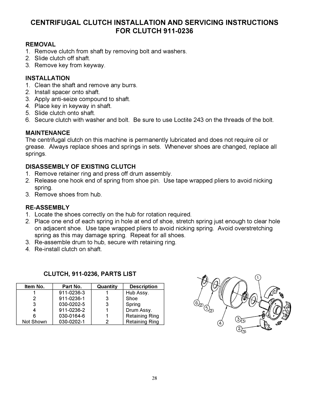 Country Home Products TLC18-CHP instruction manual Centrifugal Clutch Installation and Servicing Instructions 