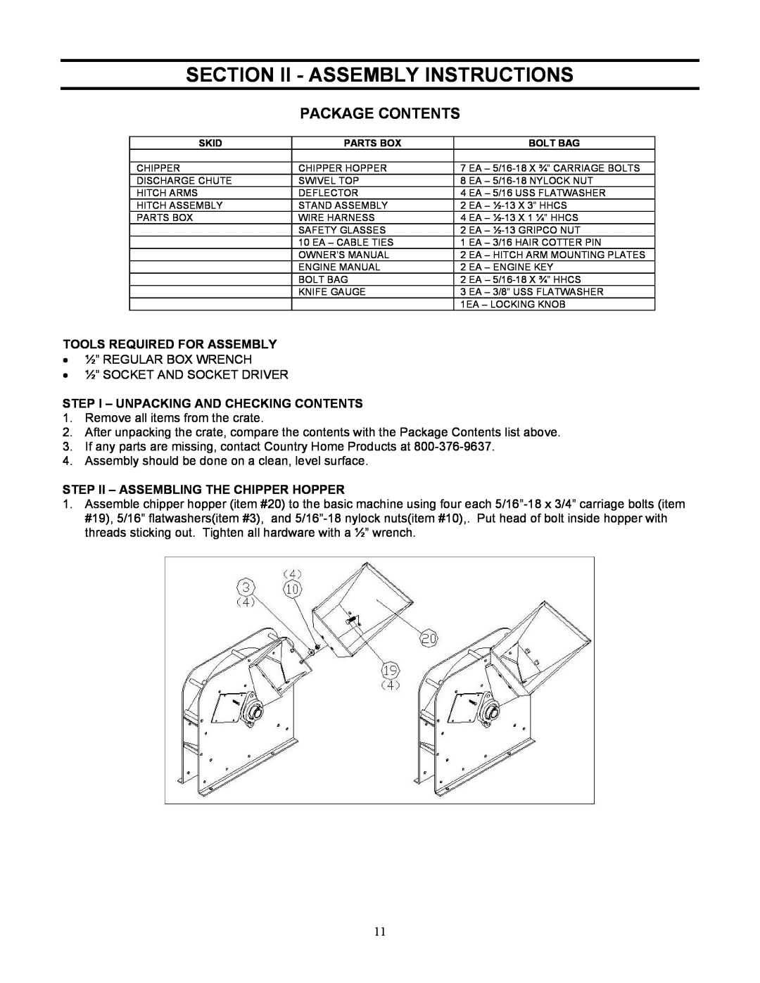Country Home Products TLC18-CHP instruction manual Section Ii - Assembly Instructions, Package Contents 