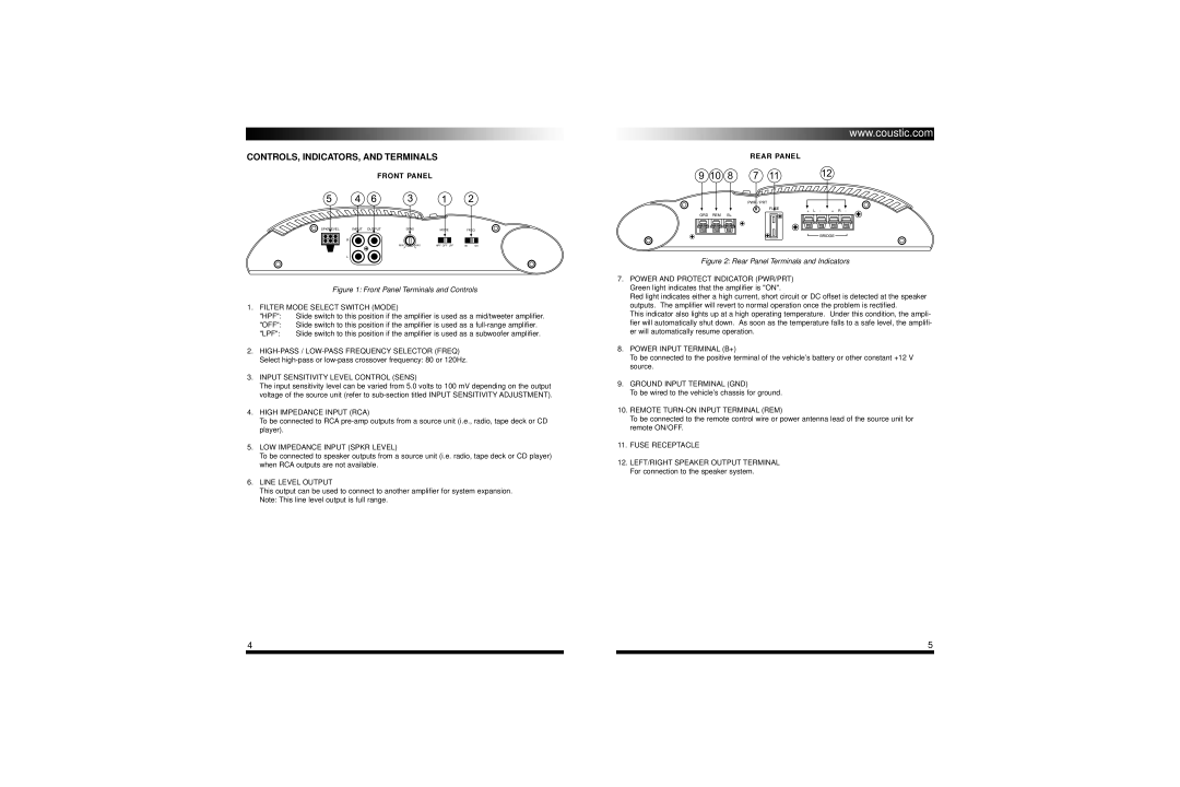 Coustic 160SE owner manual CONTROLS, INDICATORS, and Terminals, Front Panel, Rear Panel 