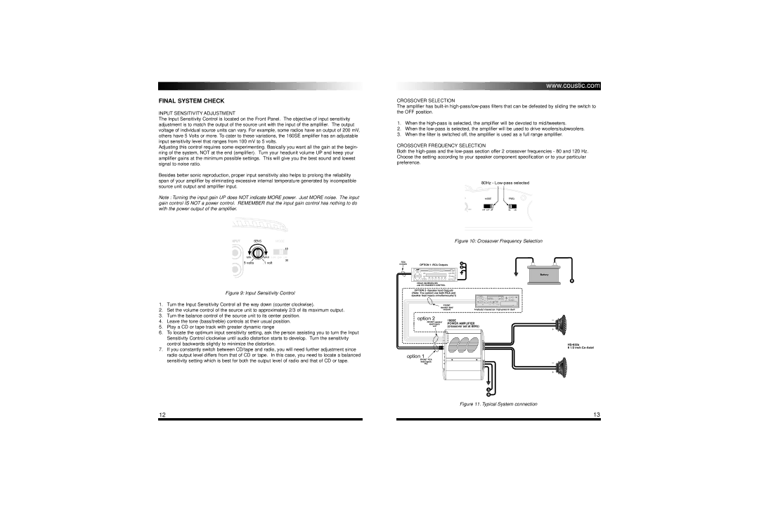 Coustic 160SE Final System Check, Input Sensitivity Adjustment, Crossover Selection, Crossover Frequency Selection 
