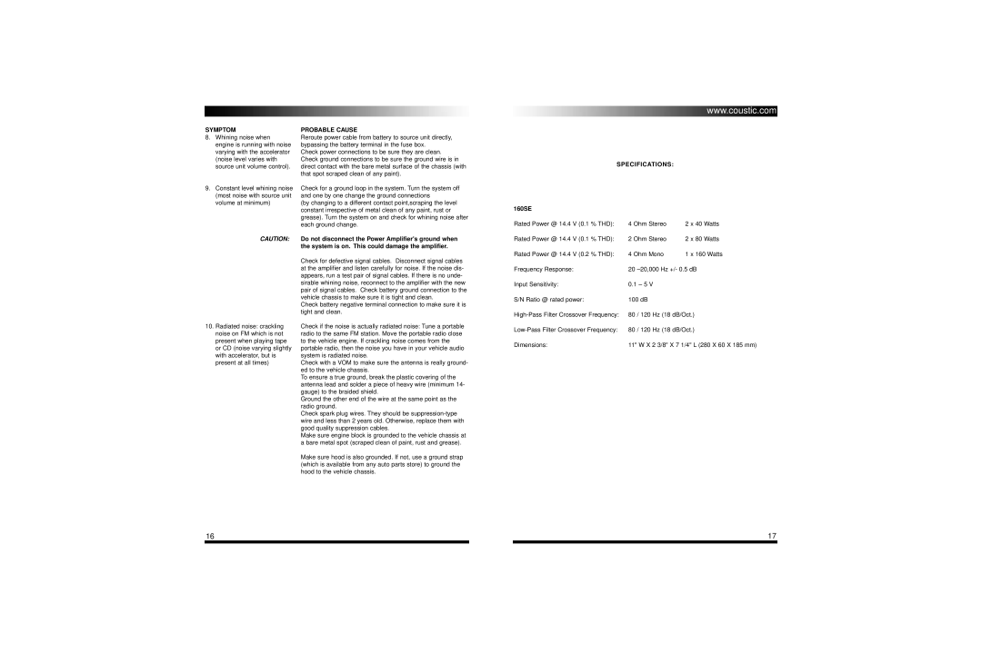 Coustic 160SE owner manual Symptom, Specifications 